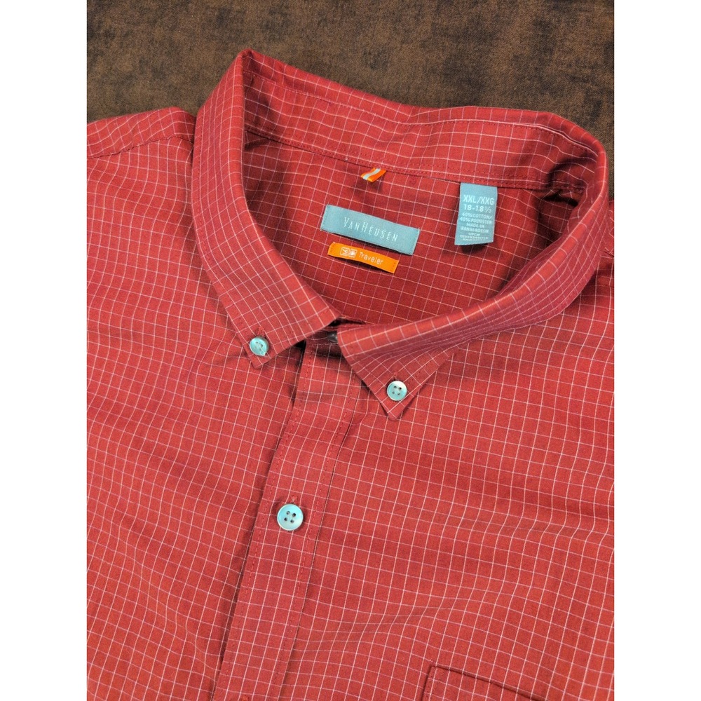 Van Heusen Traveler Mens XXL Red Windowpane Grid Short Sleeve Button Down Shirt